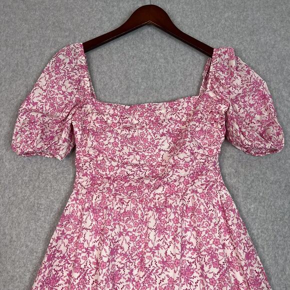 O.P.T Pink Floral Square Neck Short Puff Sleeve Midi Dress Size Small - Picture 2 of 11